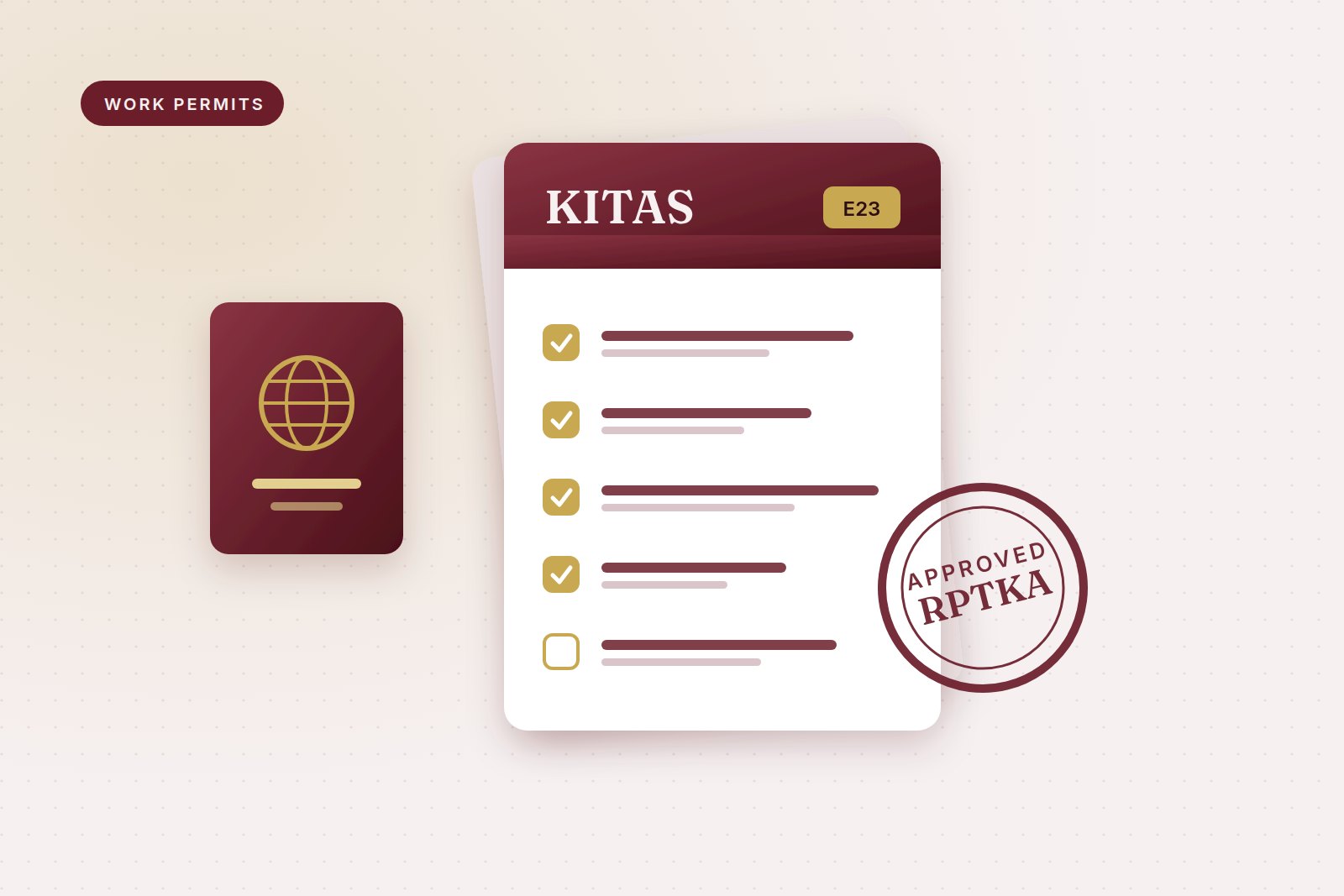 Illustration of a passport and a KITAS work permit checklist with an approved RPTKA stamp