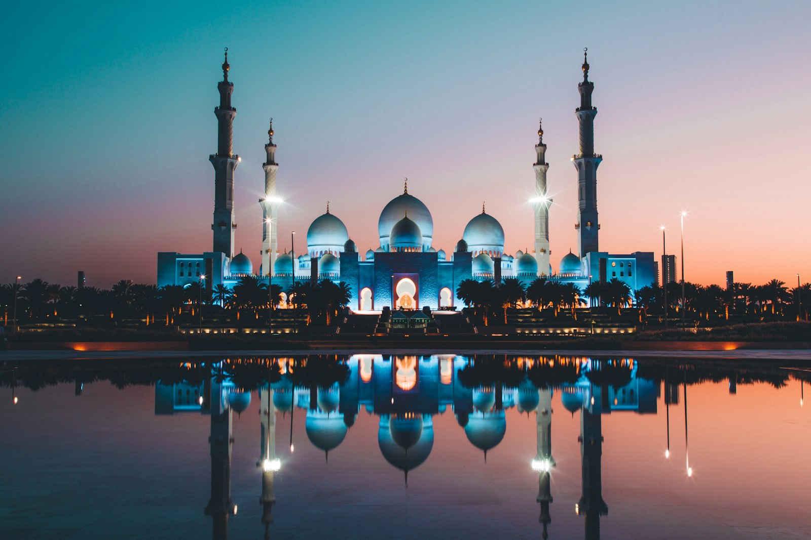 Sheikh Zayed Grand Mosque at dusk, an iconic landmark in the UAE